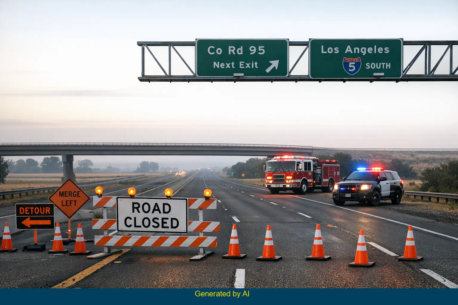 Emergency vehicles and police barricades block Interstate 5 south after a big rig overturns near County Road 95 in Yolo County