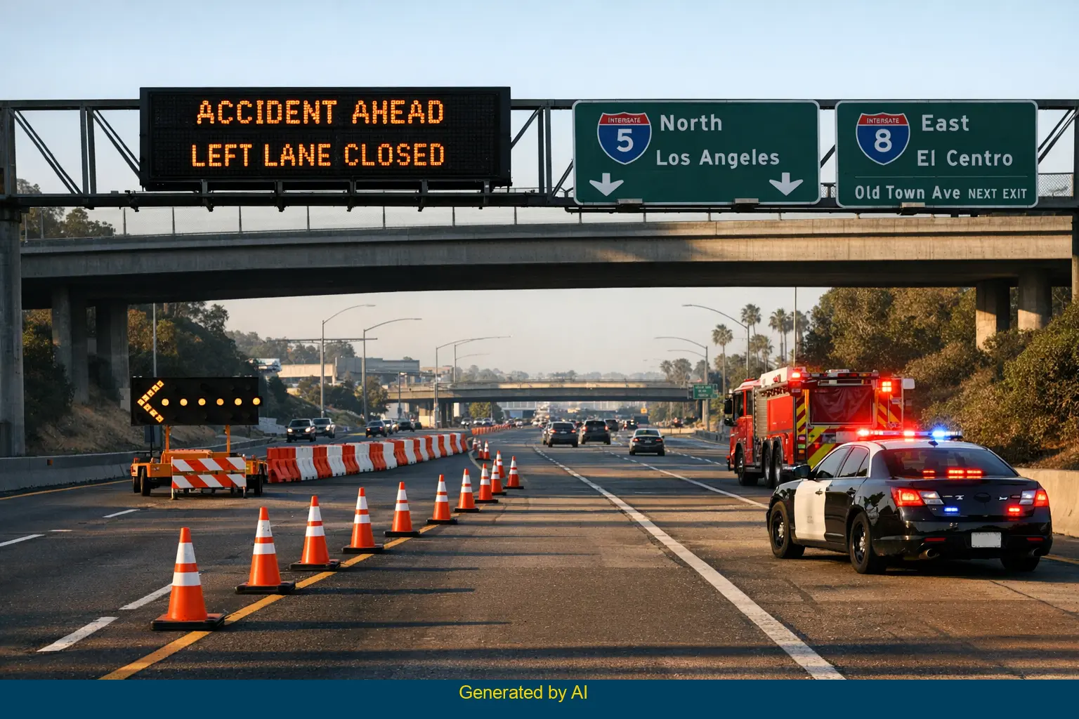 Emergency vehicles and traffic cones block I-5 northbound near I-8 in San Diego after SUV overturns