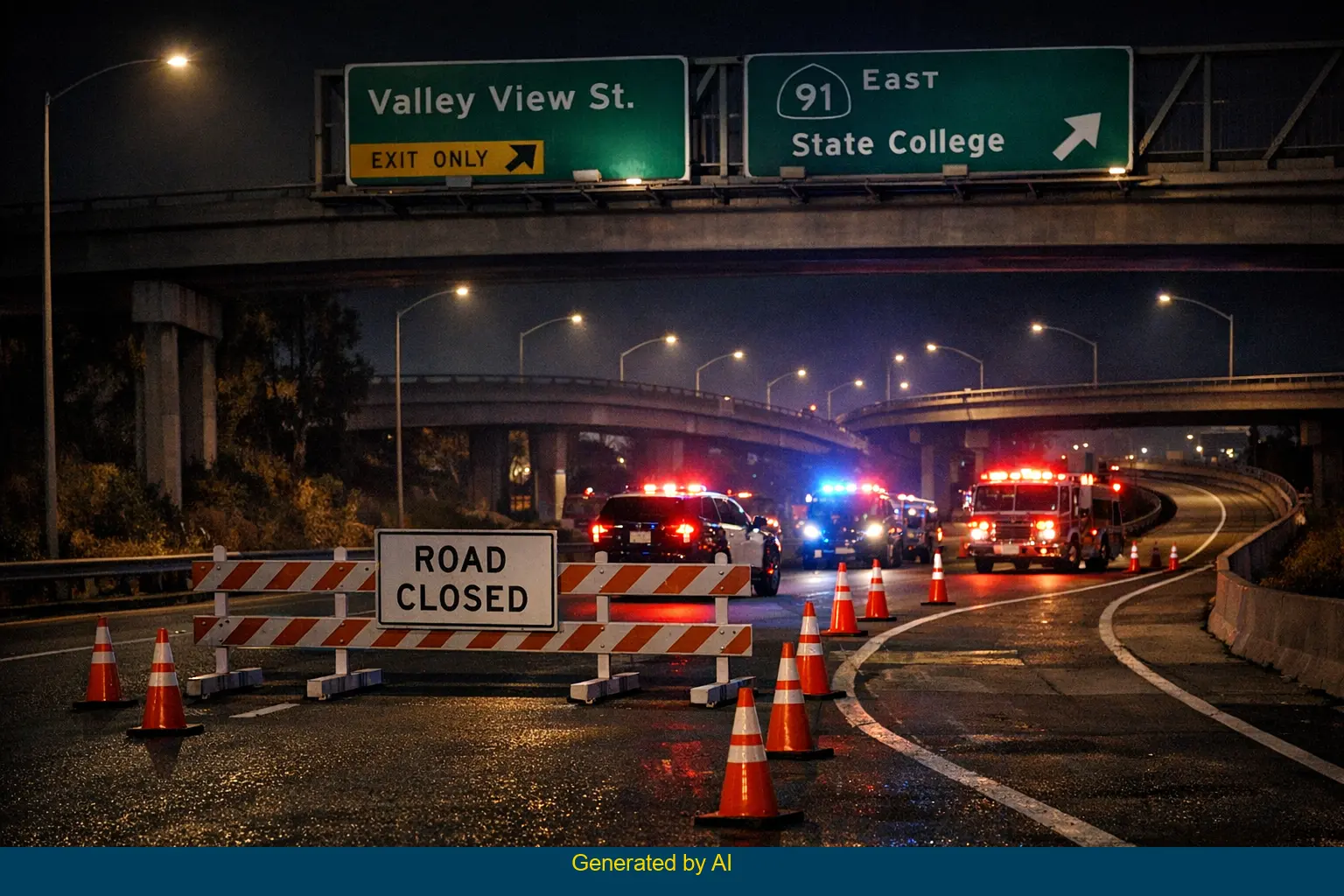 Emergency vehicles and road closure barriers on eastbound State Route 91 near Valley View Street during nighttime accident response