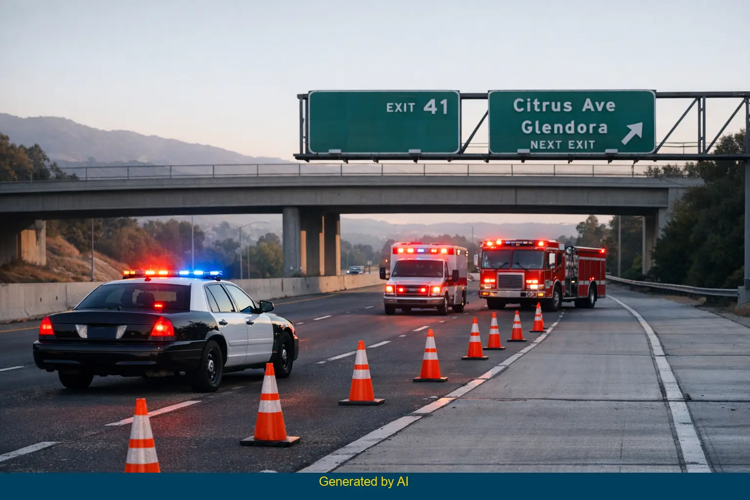 Emergency vehicles and lane closure on westbound I-210 near Citrus Avenue after pedestrian accident in Glendora