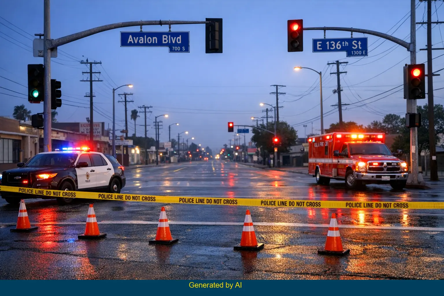 Police and ambulance respond to pedestrian accident at Avalon Boulevard and East 136th Street intersection