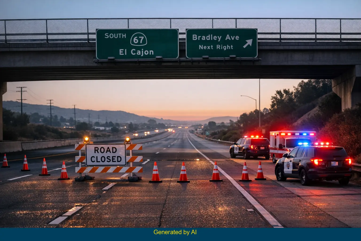 Emergency vehicles and police barricade block State Route 67 near Bradley Avenue after hit-and-run accident