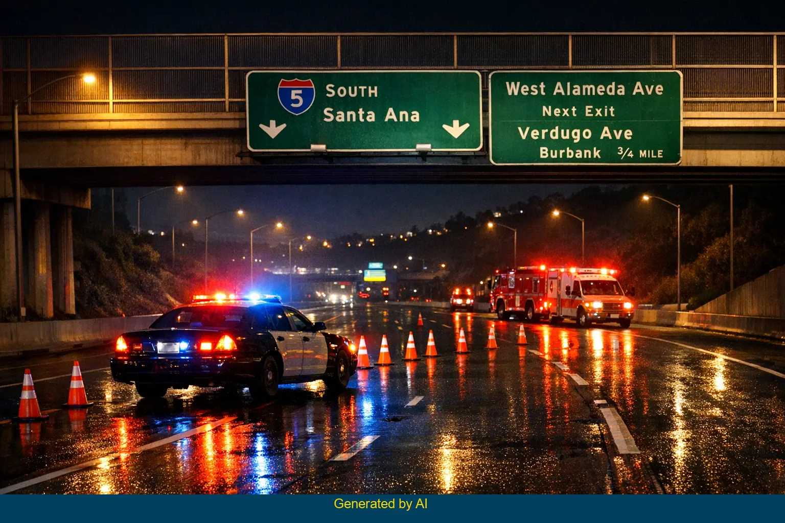 Emergency vehicles and police block lanes on I-5 near West Alameda Avenue after pedestrian accident in Burbank
