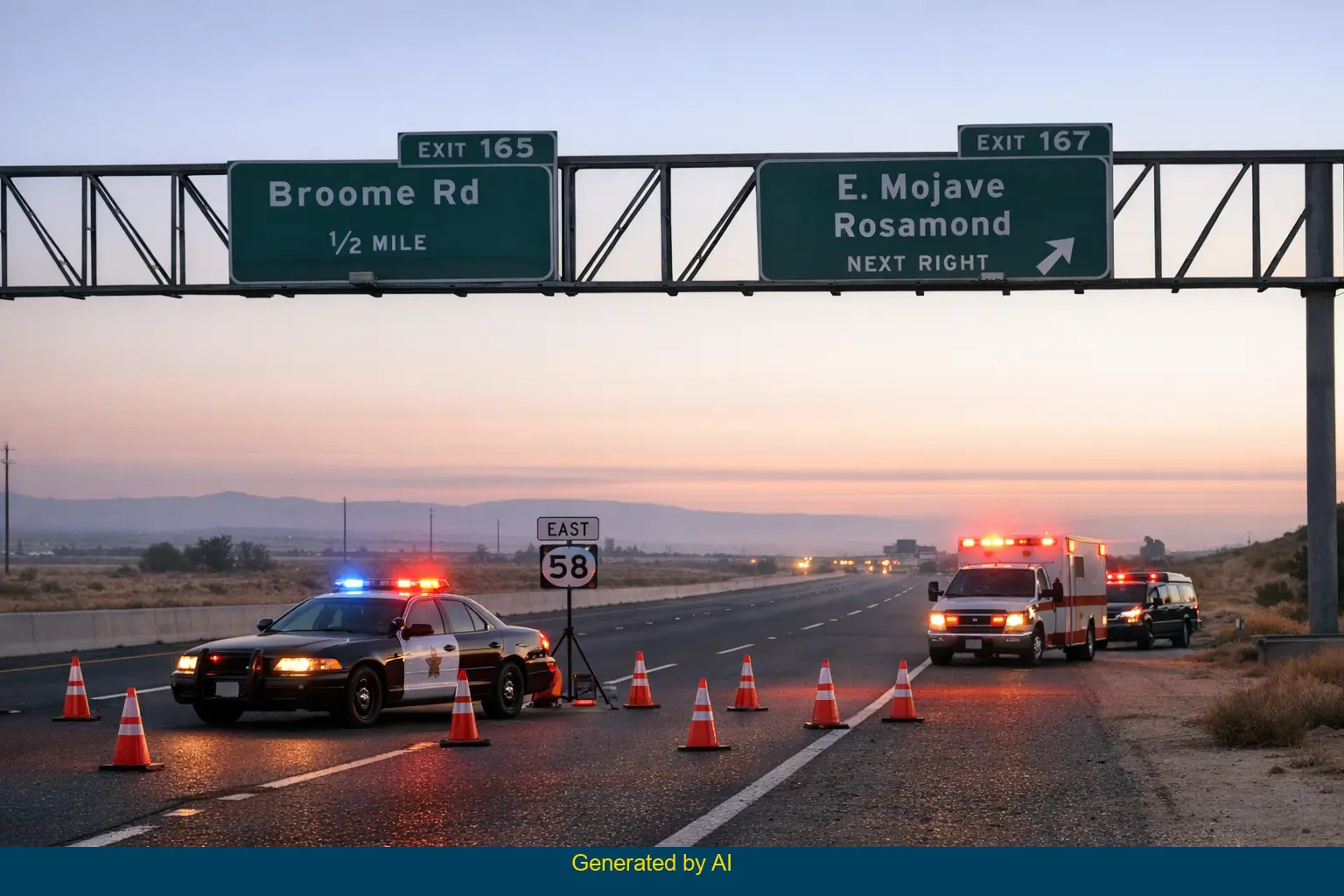 Emergency vehicles and police block off SR-58 near Exit 167 at dawn after pedestrian accident