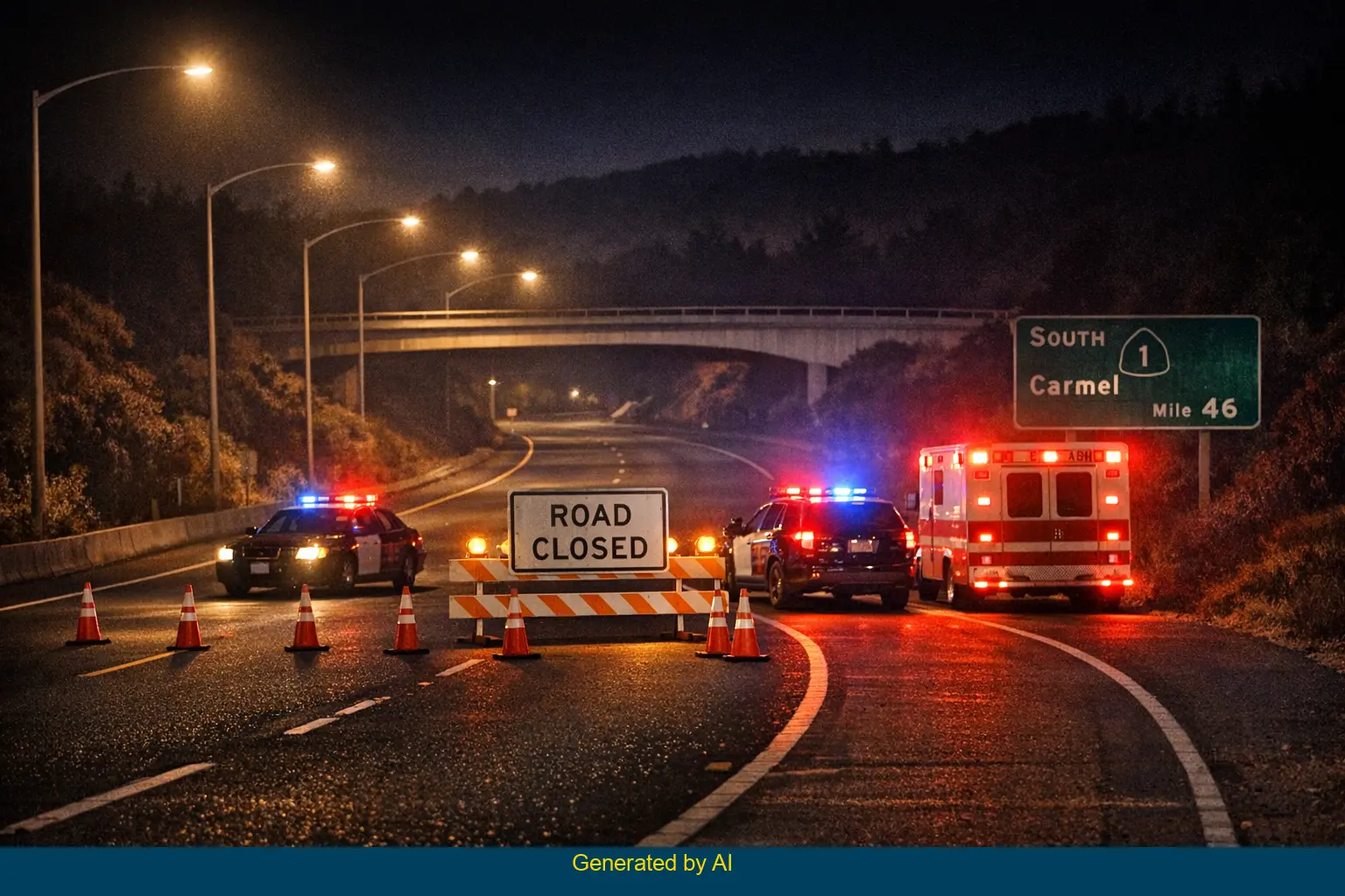 Emergency vehicles with flashing lights block lanes on State Route 1 near Carmel after a pedestrian accident at night