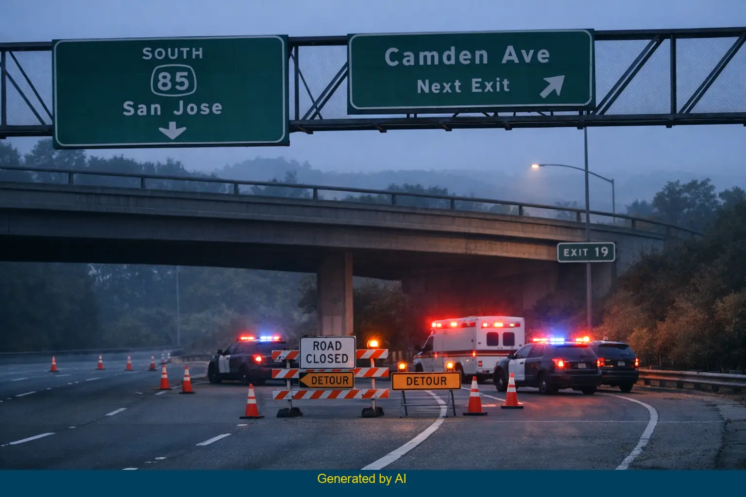 Police vehicles and ambulance block State Route 85 near Camden Avenue off-ramp at dawn after pedestrian accident