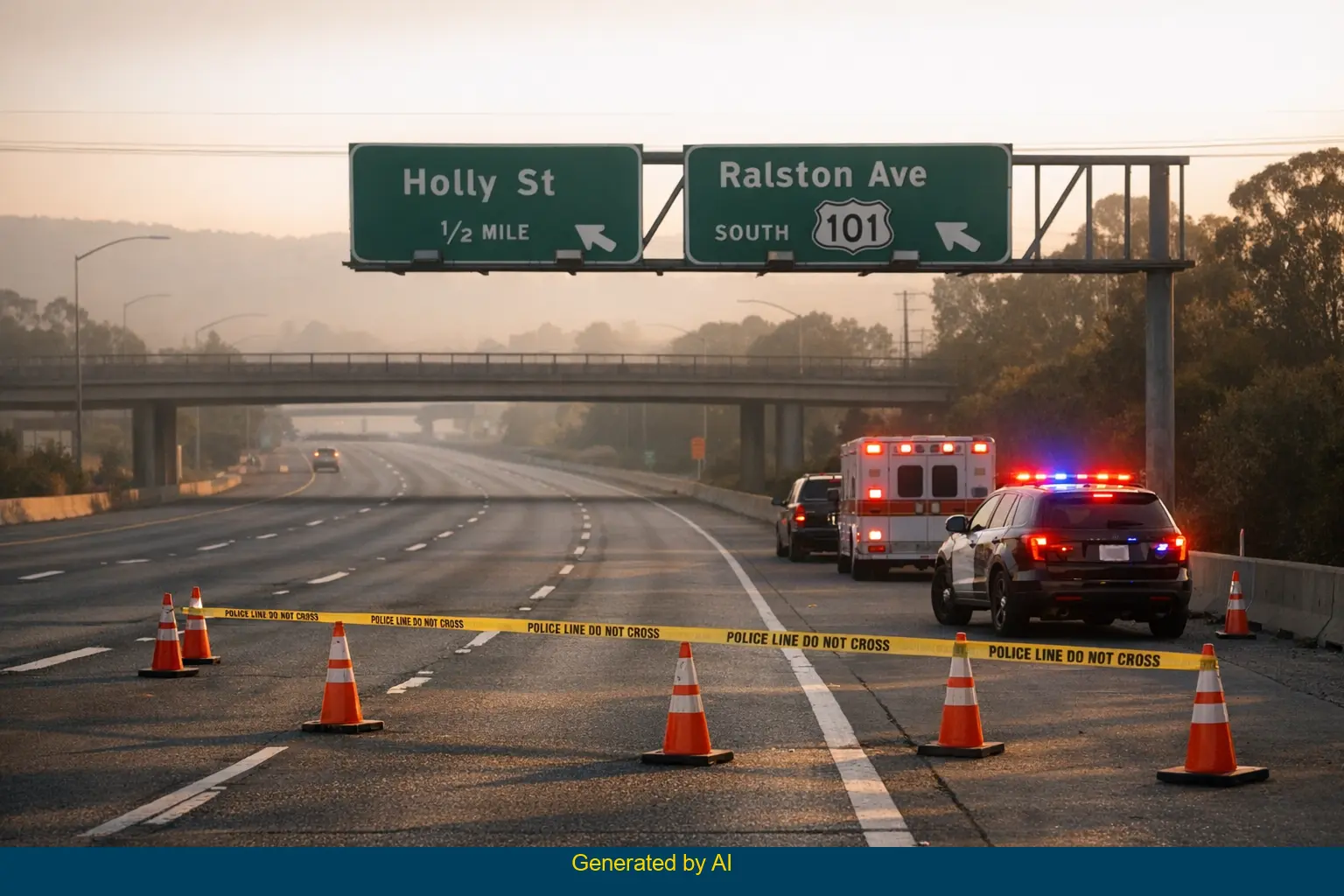 Emergency vehicles and closed lane on US 101 near Holly Street off-ramp after pedestrian accident