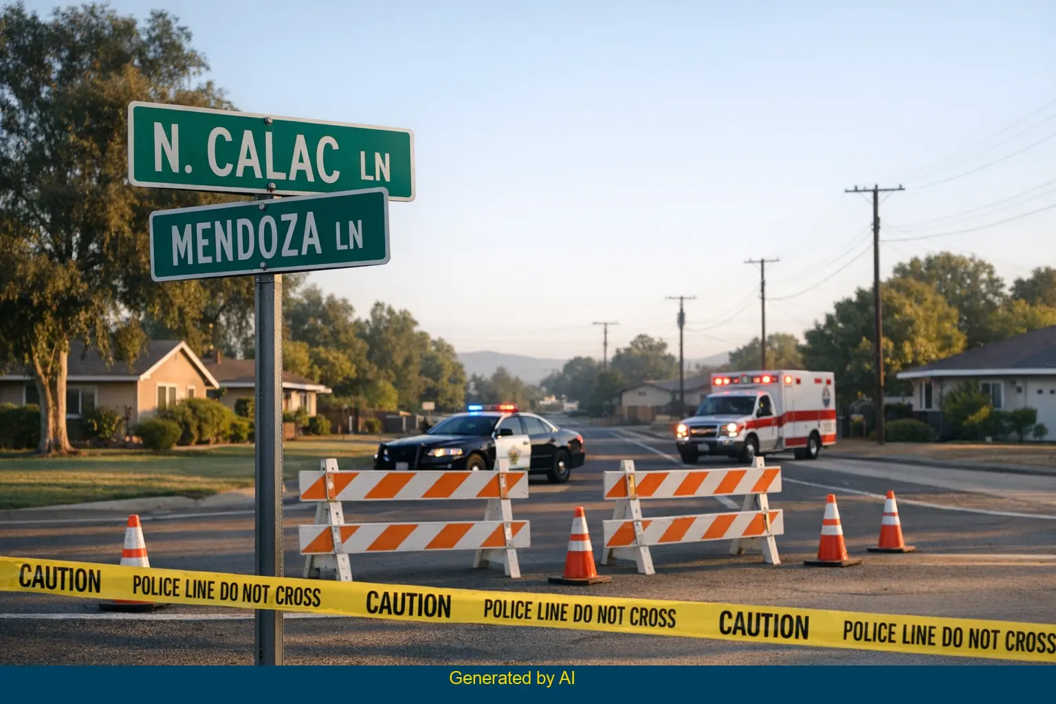 Emergency vehicles and caution tape block a quiet intersection near Rincon Reservation after a pickup accident in Valley Center