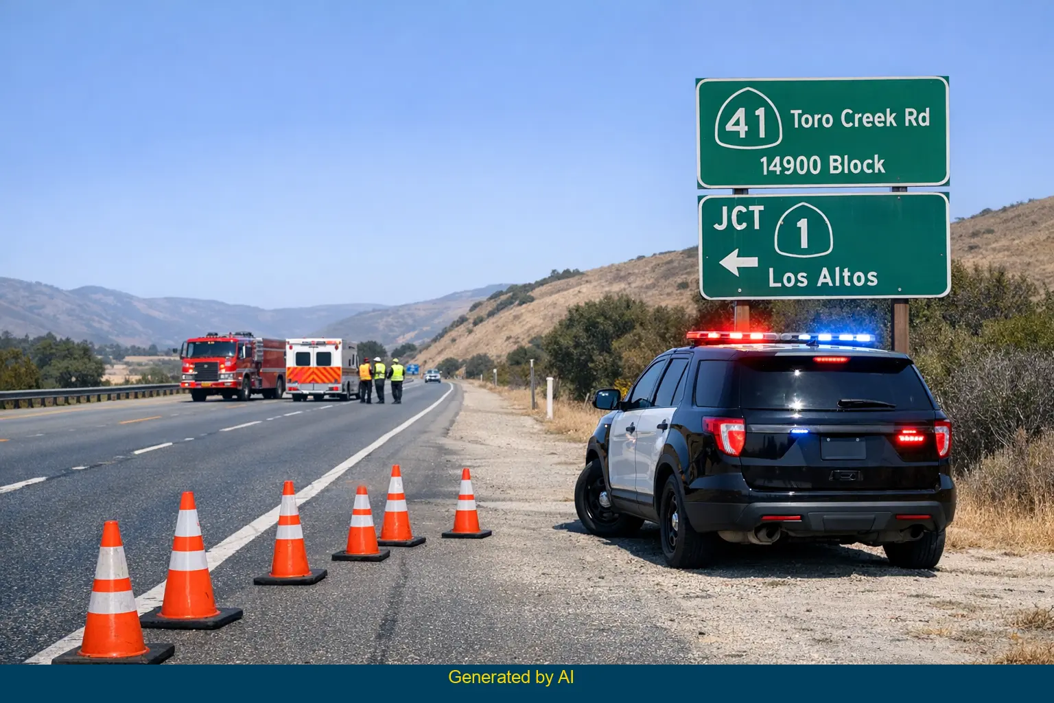 Emergency vehicles and police block SR-41 shoulder after pickup truck crash near Toro Creek Road
