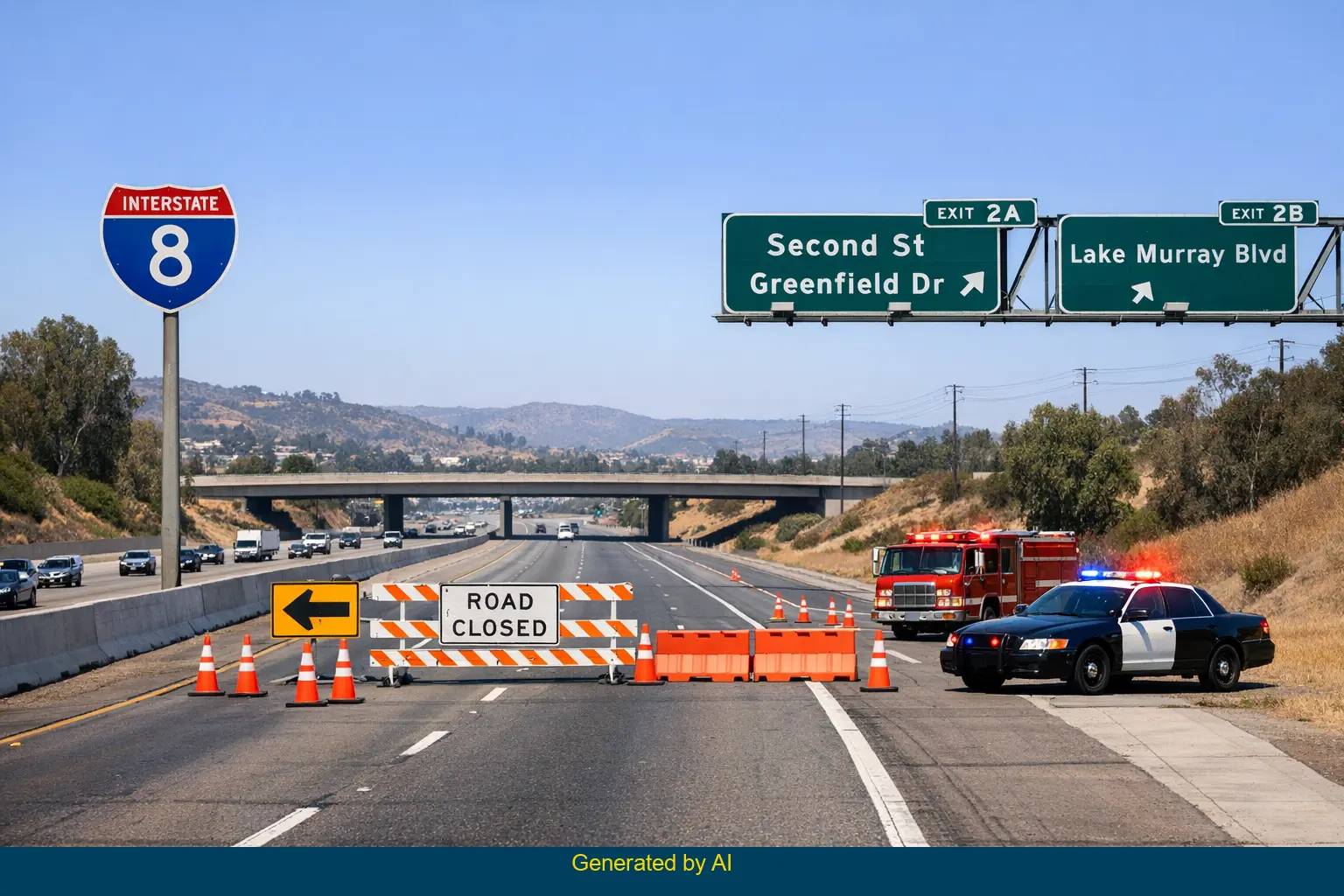 Emergency vehicles and traffic cones block lanes on I-8 eastbound after a pickup truck crash near Second Street