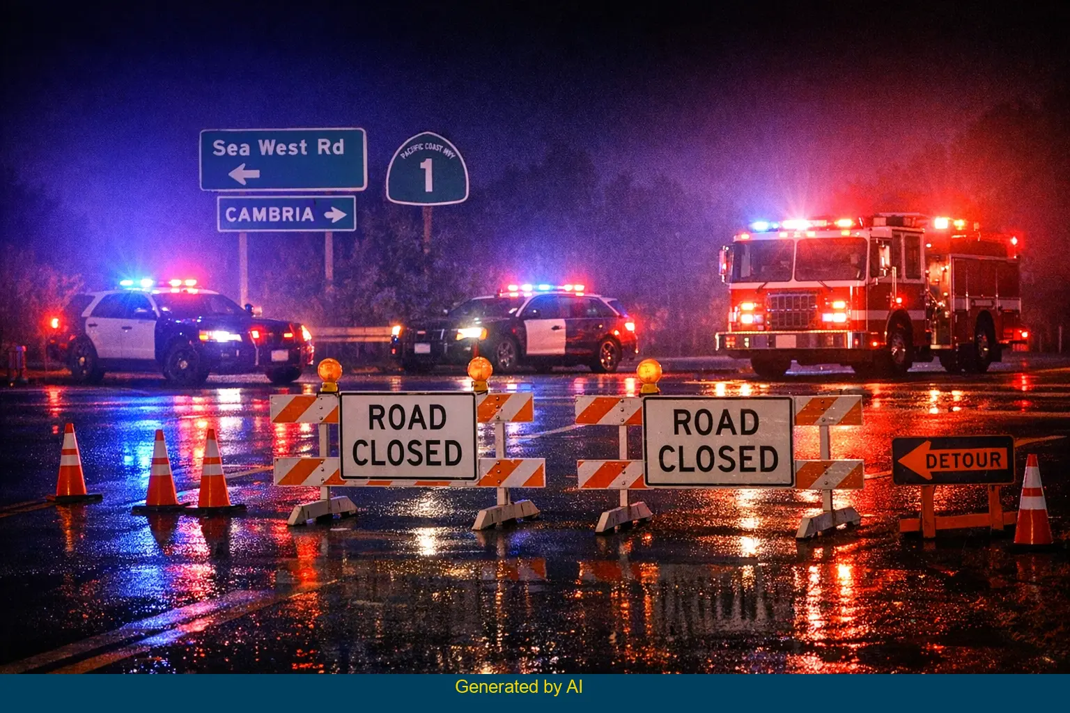 Emergency vehicles block SR-1 near Sea West Road at night after a solo rollover crash