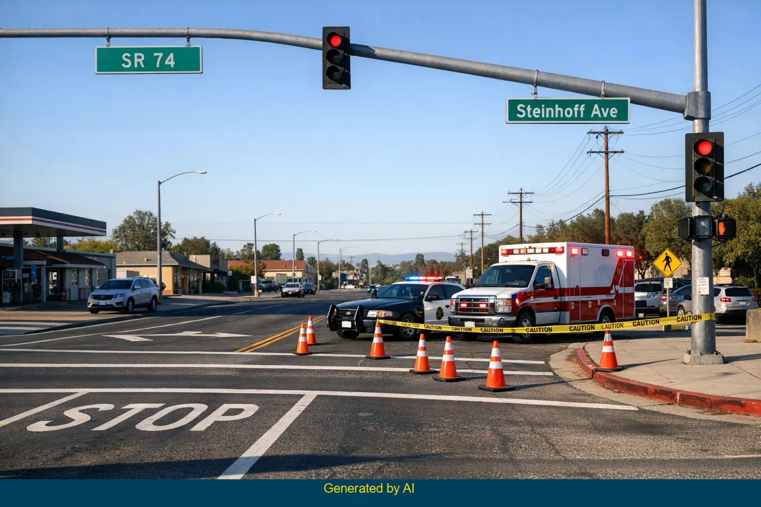 Emergency vehicles and caution tape at SR-74 and Steinhoff Ave after reported pedestrian accident