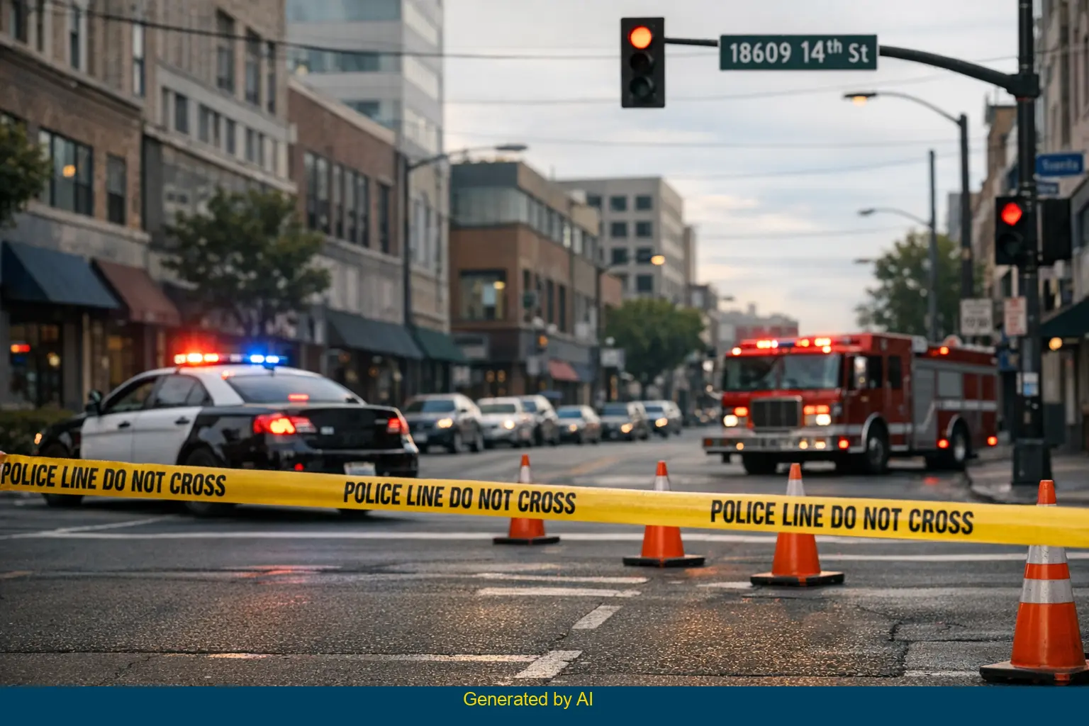 Emergency vehicles and police tape block off 14th Street after a multi-vehicle collision involving a black SUV and dump truck