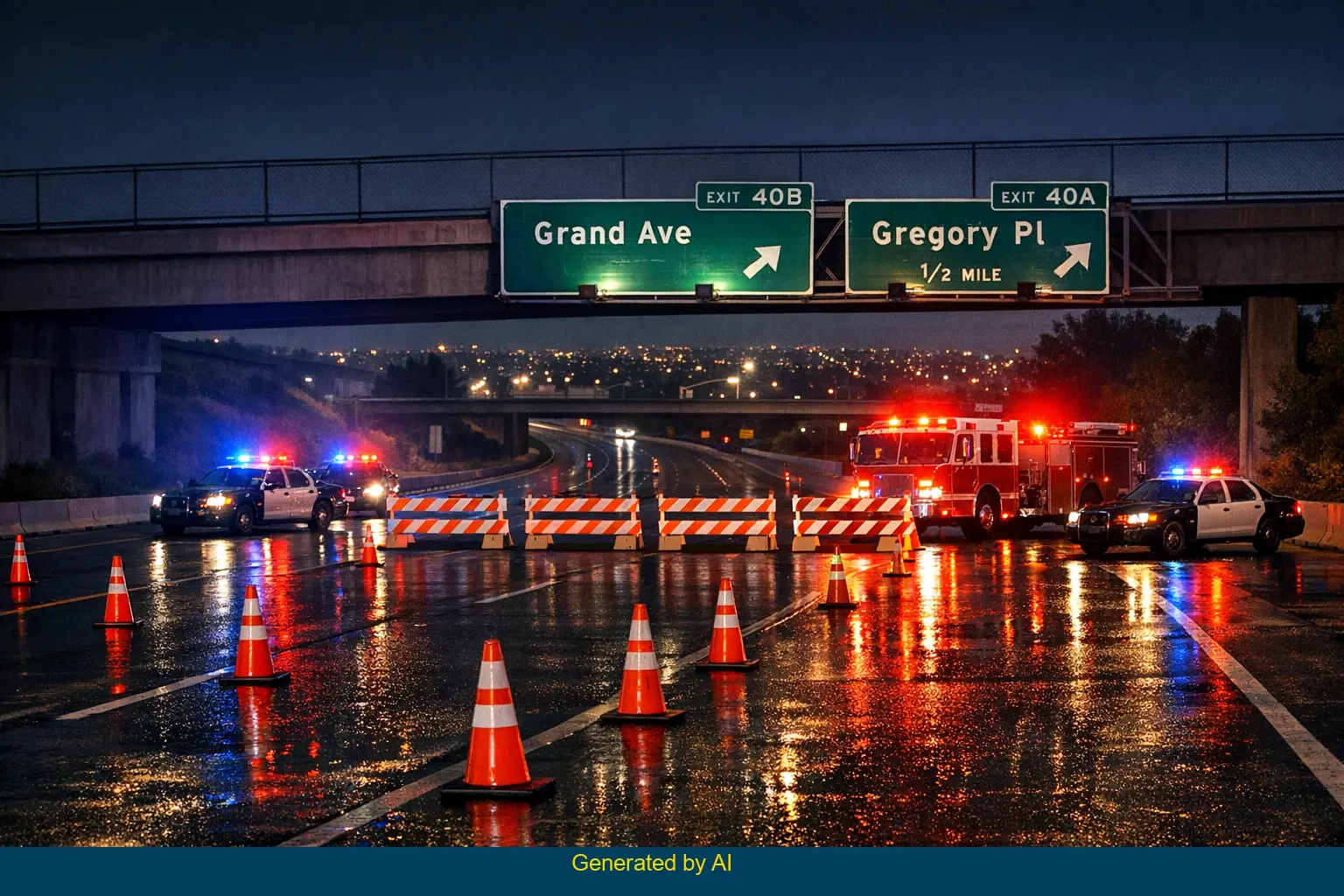 Emergency vehicles with flashing lights respond to nighttime two-vehicle crash on I-15 near Grand Avenue and Gregory Place