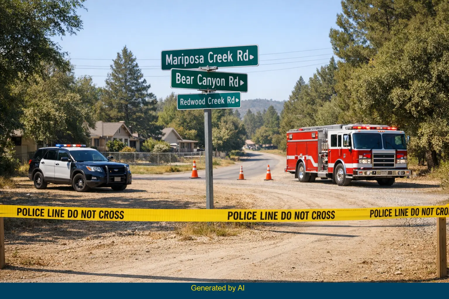 Emergency vehicles and police tape block dirt road near Mariposa Creek Road accident scene