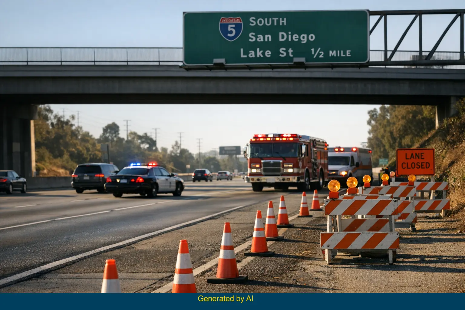Emergency vehicles and traffic cones on Interstate 5 shoulder near Lake Street after accident