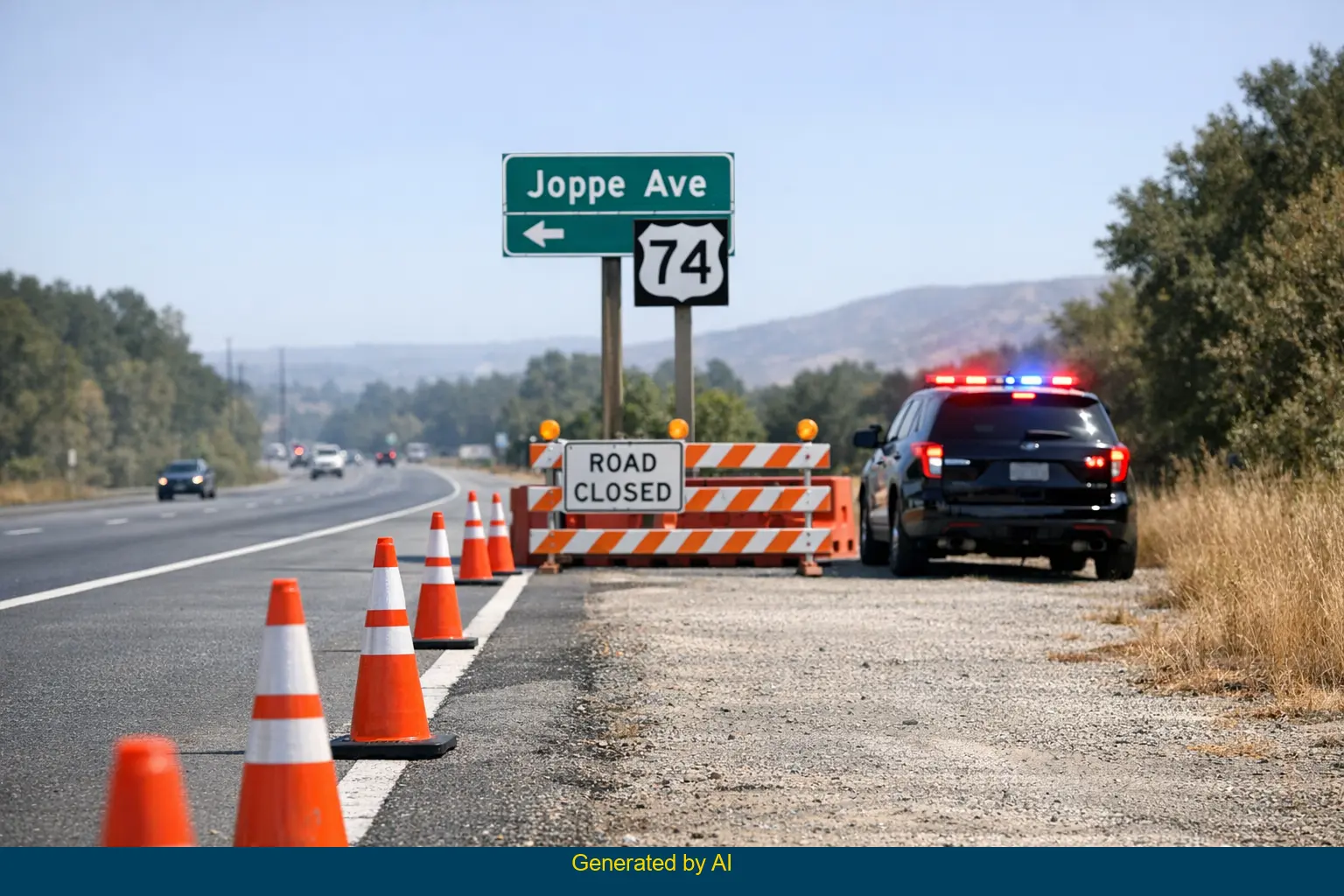 Emergency vehicle with flashing lights and traffic cones on State Route 74 at Joppe Avenue after reported vehicle-pedestrian collision