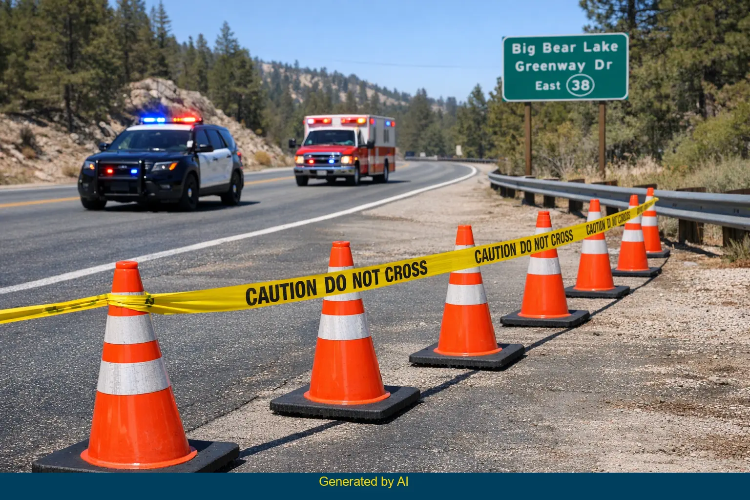 Emergency vehicles and road closure after hit-and-run pedestrian crash on State Route 38 near Greenway Drive