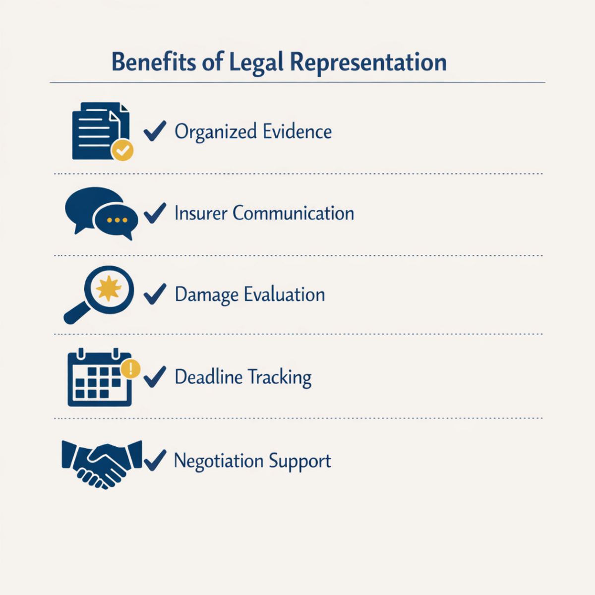 Infographic checklist of five legal representation benefits with icons for evidence, communication, evaluation, deadlines,