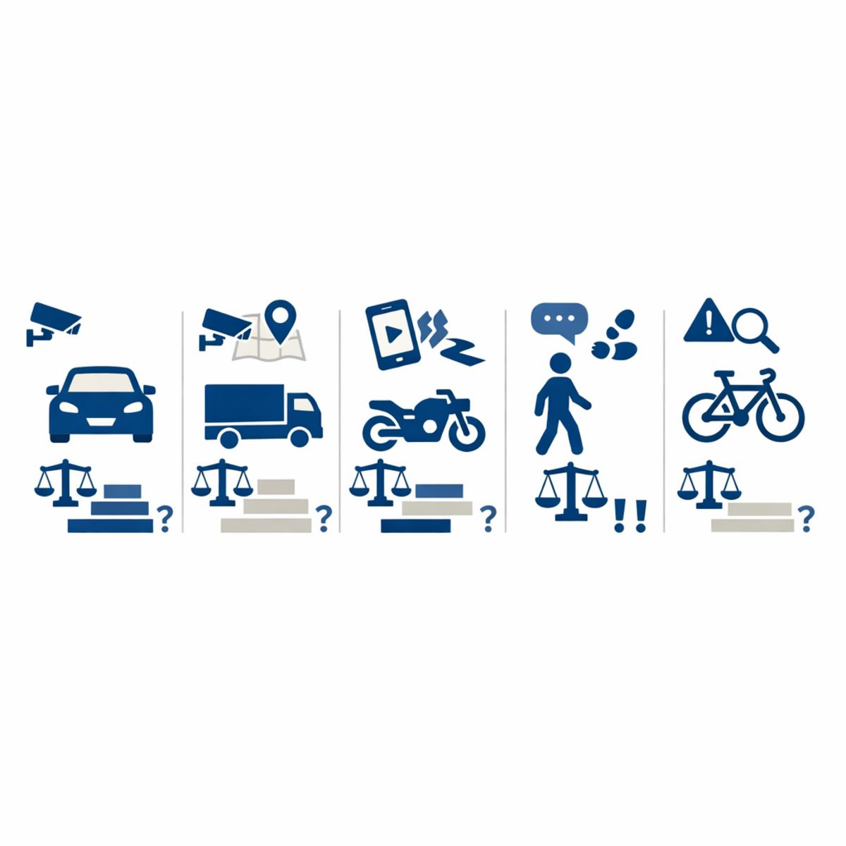 Comparison infographic of abstract icons for car, truck, motorcycle, pedestrian, and bicycle cases.