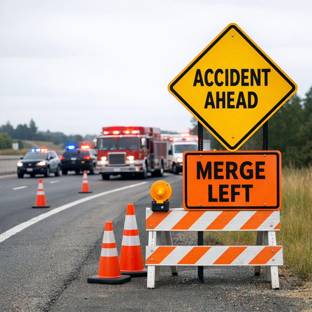 Highway roadside with caution sign and emergency vehicles in the distance, overcast day, no people