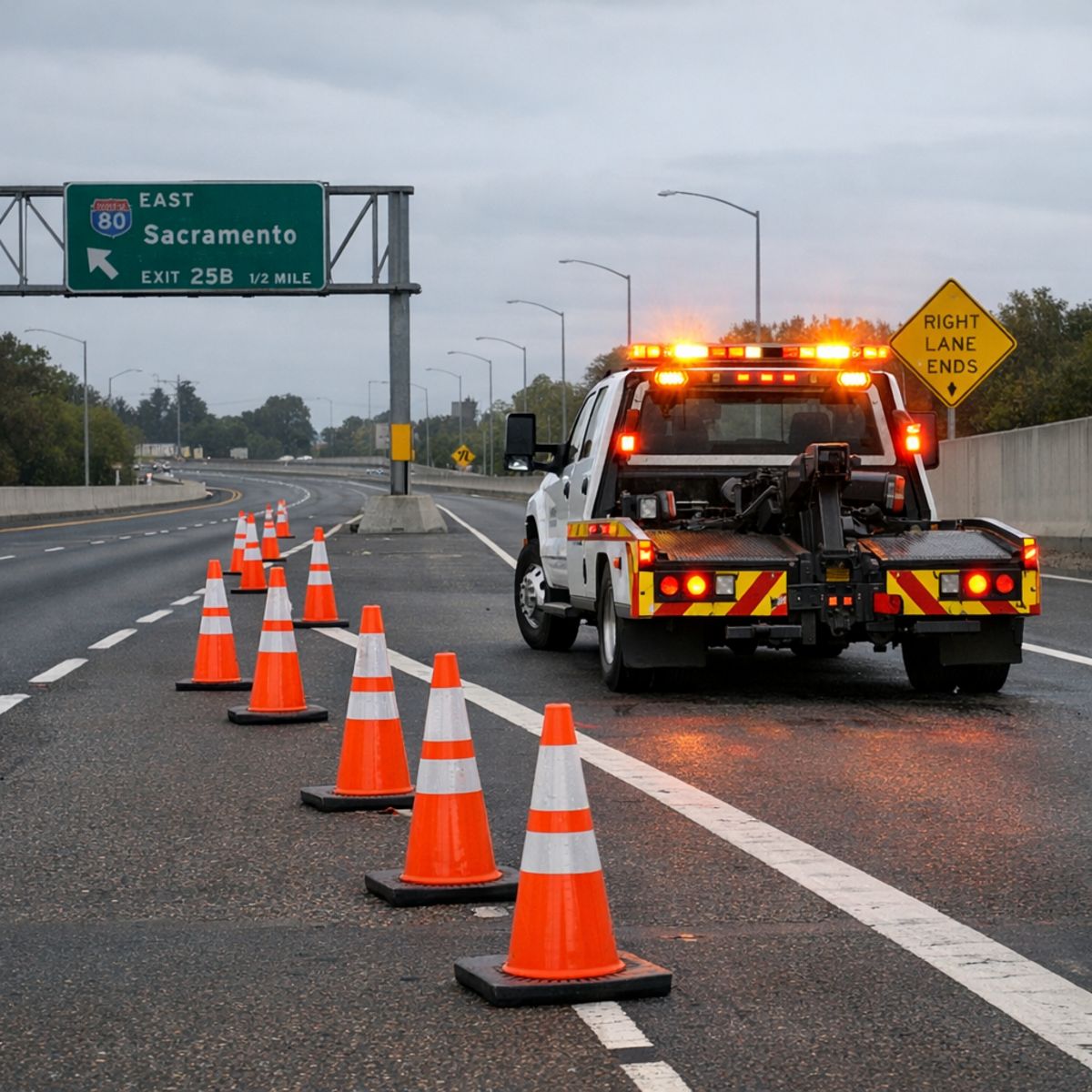 Roadside scene with traffic cones and tow truck with emergency lights on highway