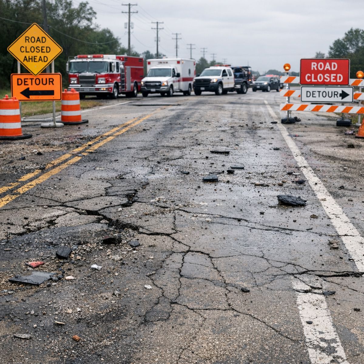 Damaged roadway with emergency vehicles and traffic signs after accident clearance