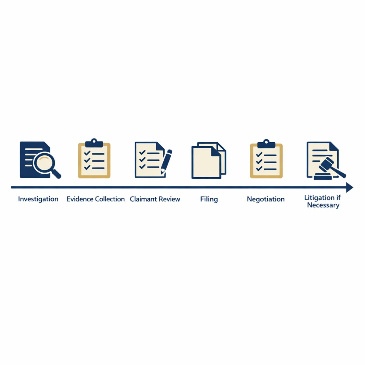 Infographic timeline of six claim stages with document and checklist icons in navy and gold tones.