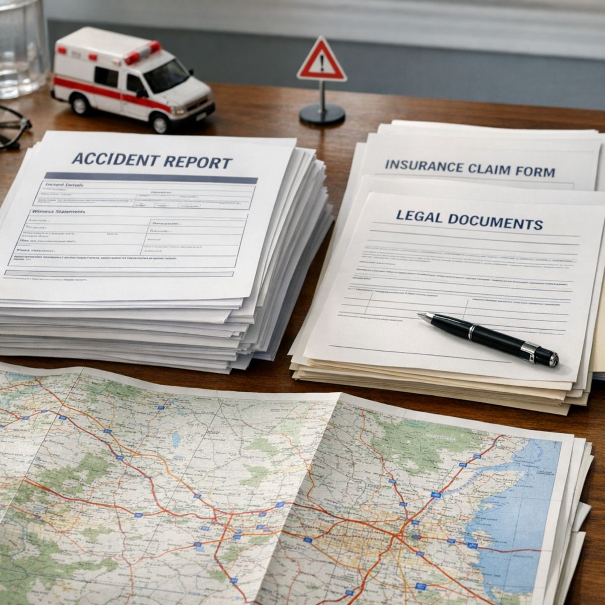Organized accident paperwork and road map on desk with legal documents for accident news context