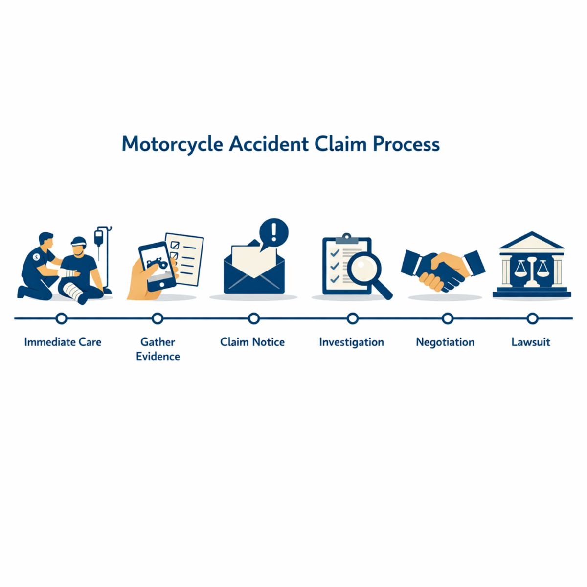 Timeline infographic of motorcycle accident claim process with six key stages illustrated.