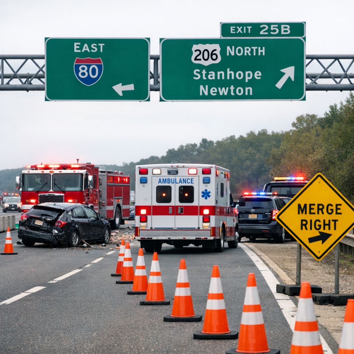 Highway accident scene with emergency vehicles, traffic cones, and road signs in neutral daylight
