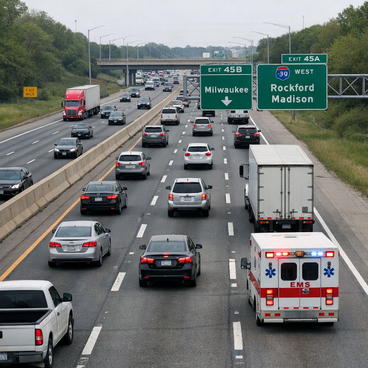 Highway traffic scene with lane markings, road signs, and mixed vehicles for accident news context