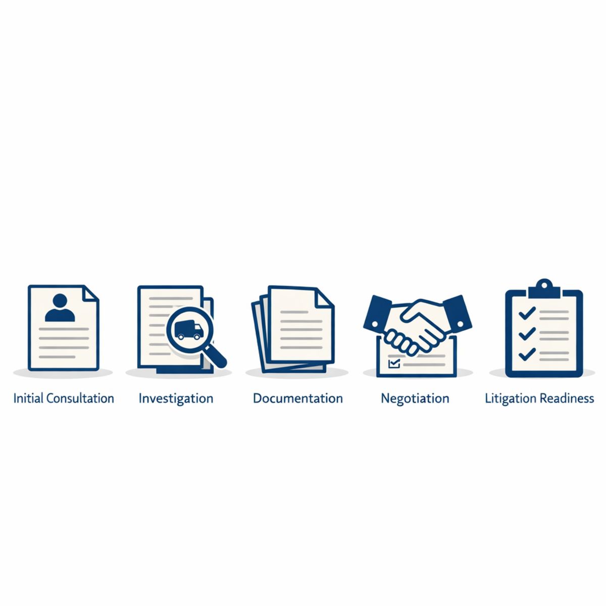 Infographic showing five-step truck accident claim process with document and checklist icons.
