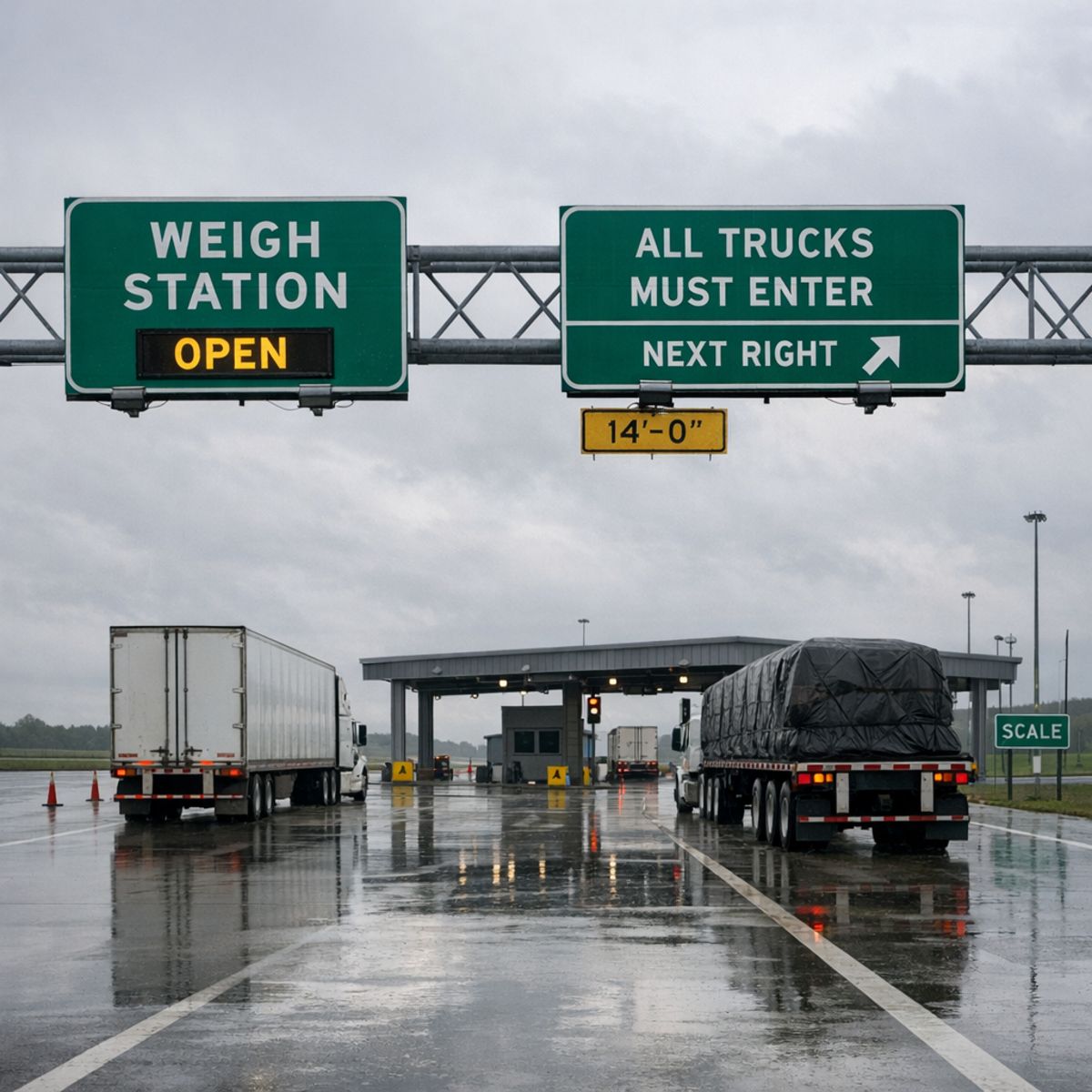 Highway weigh station with trucks and signage under overcast sky, illustrating freight corridor operations