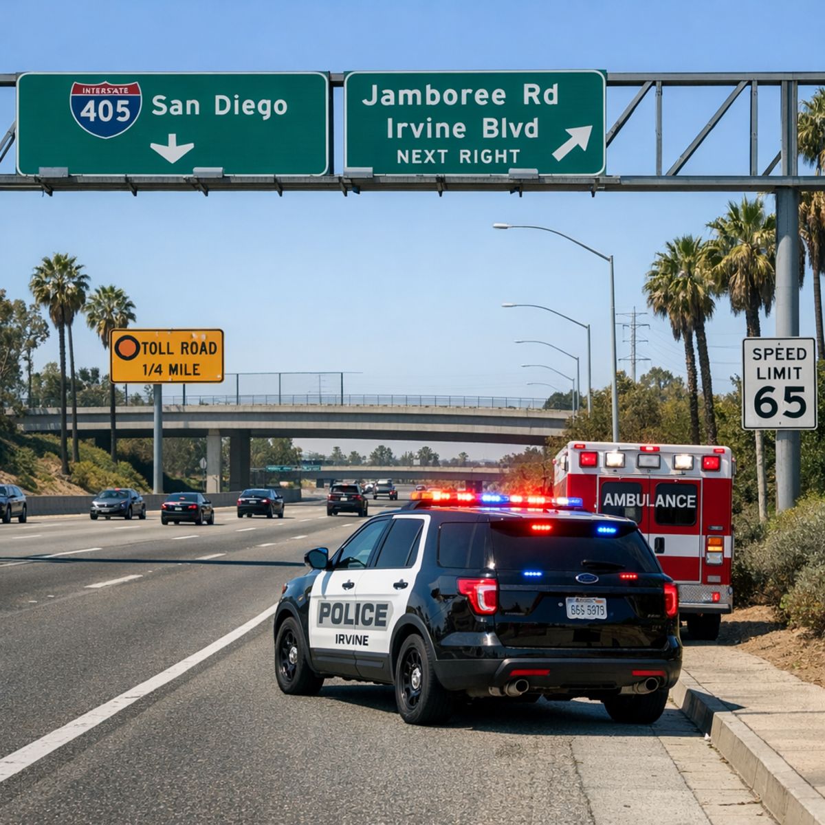Southern California roadway with police and ambulance, traffic signs, and palm trees in Irvine