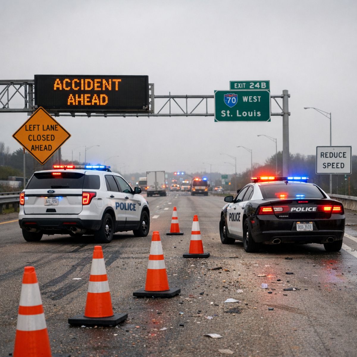 Police vehicles and traffic signage at highway accident investigation scene, no people visible