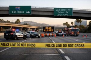 Closed Irvine highway with emergency vehicles and police, road closure tape, and clear signage under natural lighting