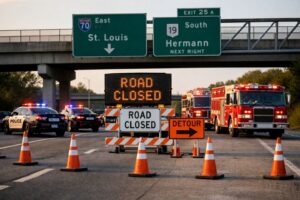 Emergency vehicles and road closure on a highway after a car accident, with traffic cones, signage, and overpass in