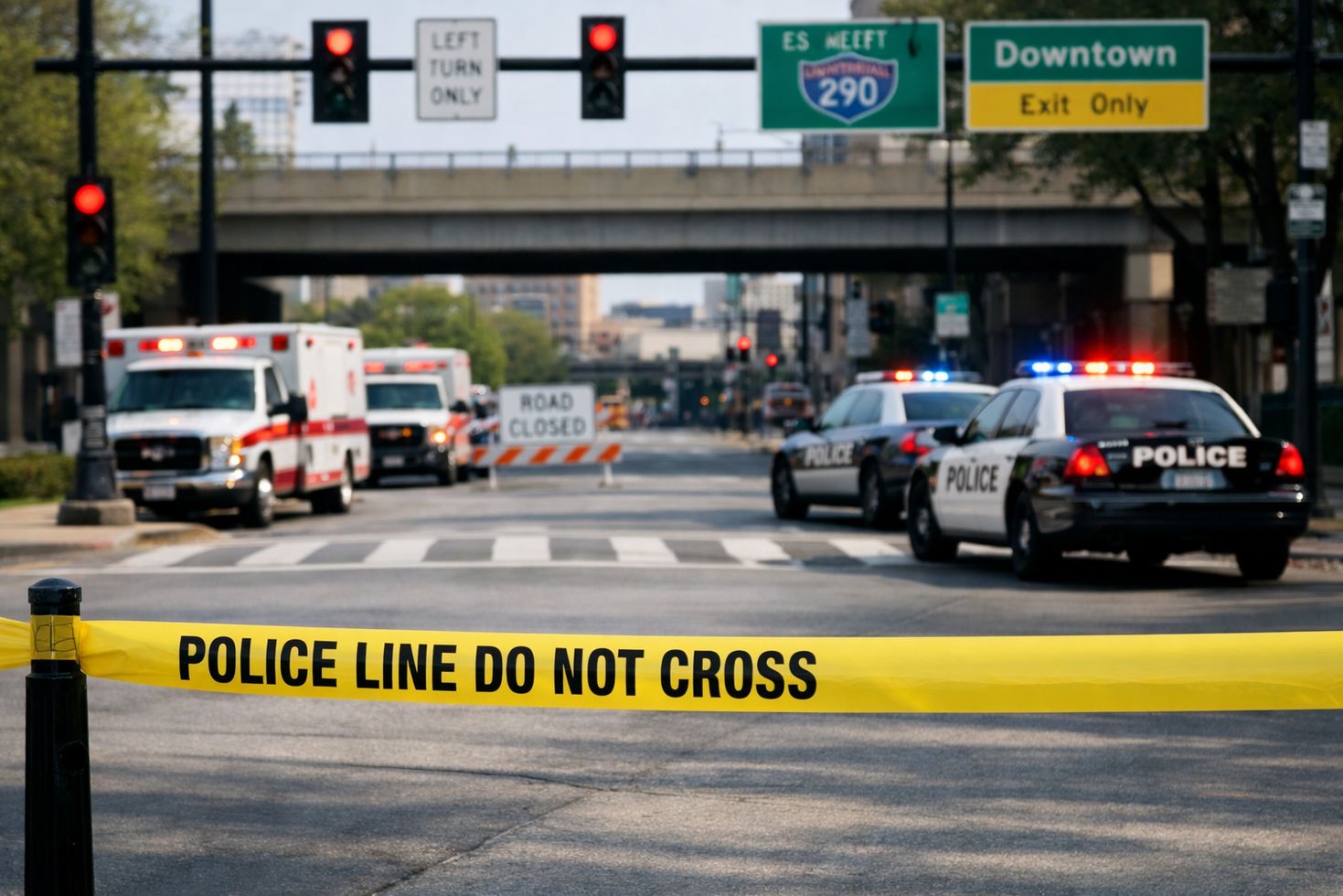 City street closed off by police tape with emergency vehicles and road signs after a pedestrian accident