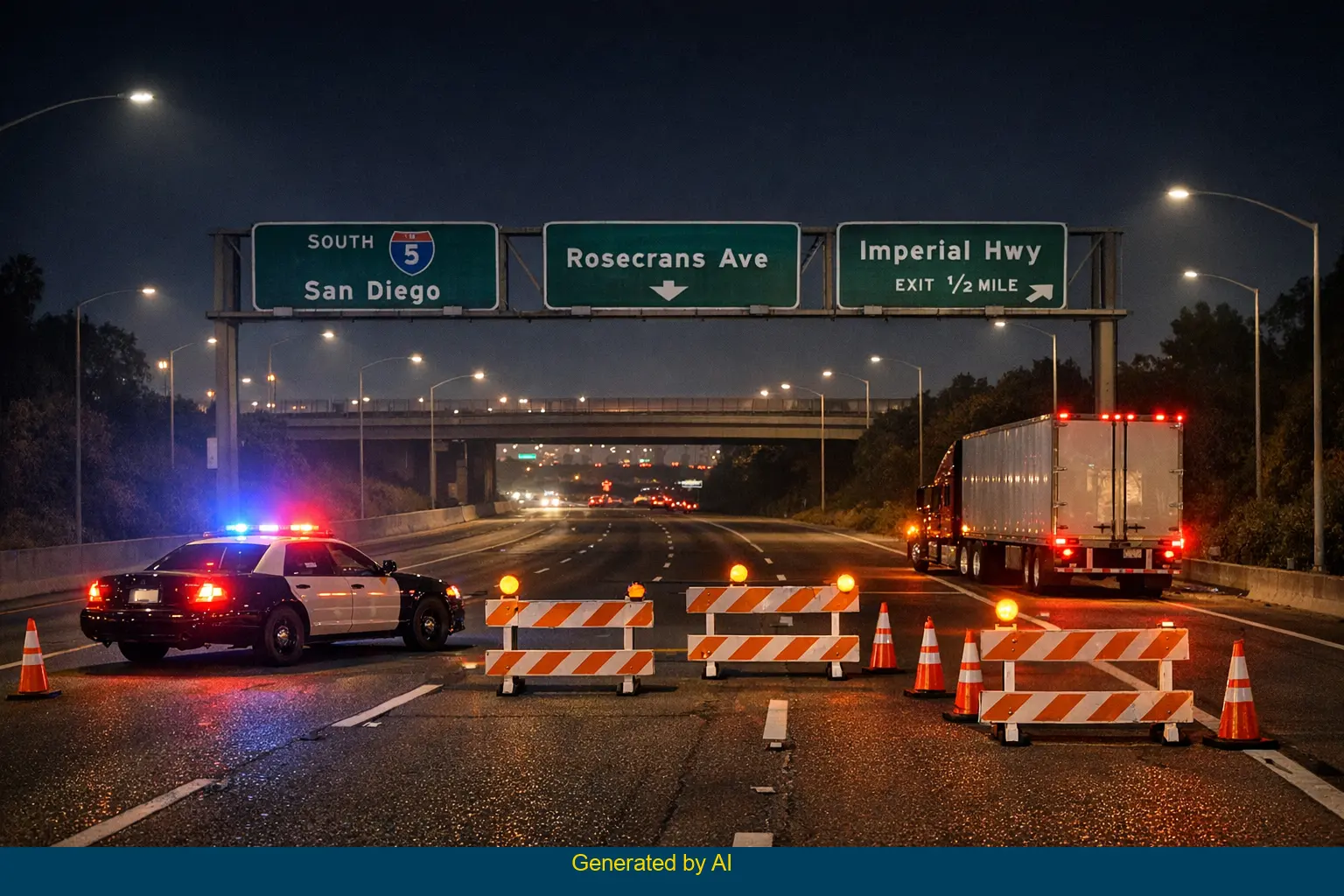 Nighttime scene of emergency vehicles blocking I-5 southbound lanes after big rig and pickup crash near Rosecrans Avenue