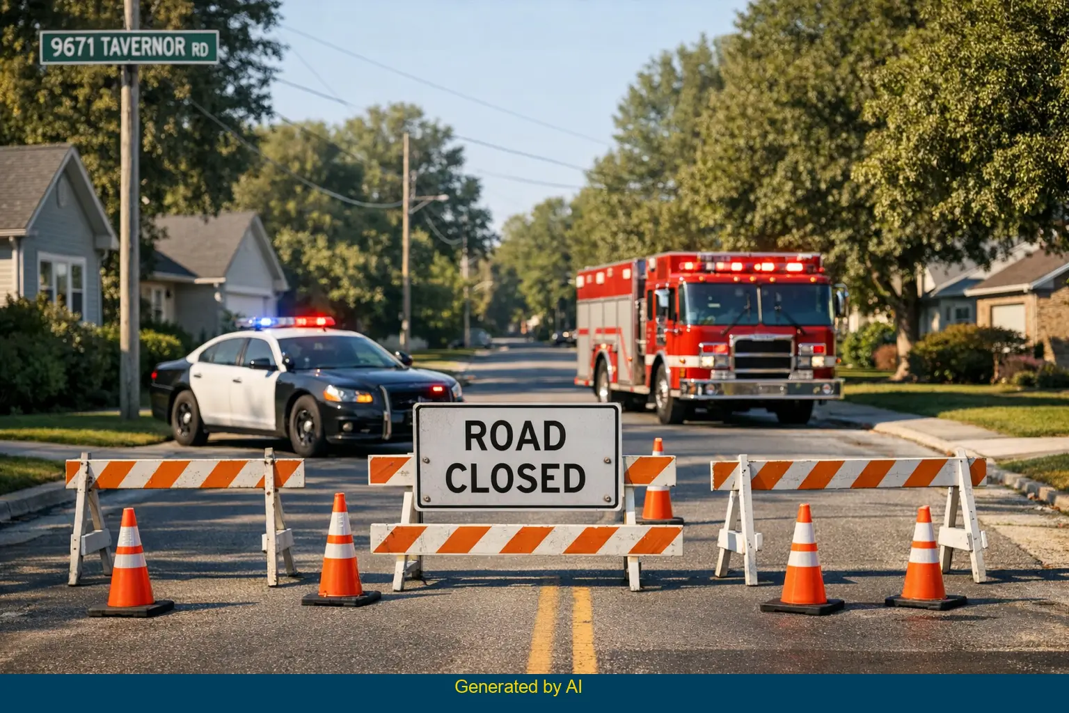 Emergency vehicles block Tavernor Road after a vehicle struck a power pole in a residential area