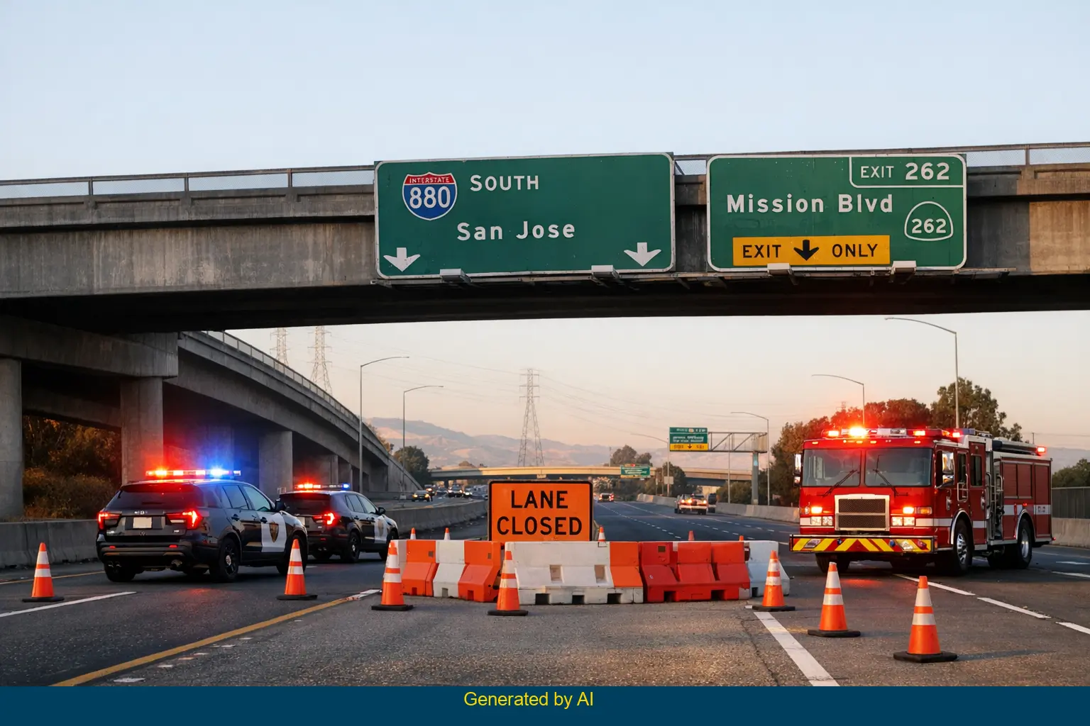 Emergency vehicles and traffic cones block lanes on I-880 connector near SR-262 after a fatal crash involving a big rig and Hyundai Kona.