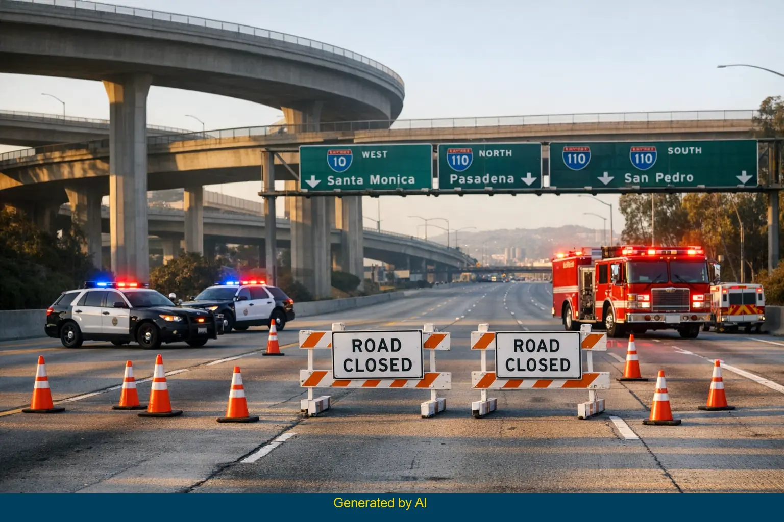 Emergency vehicles and barriers block westbound I-10 near I-110 after a fatal crash in Los Angeles