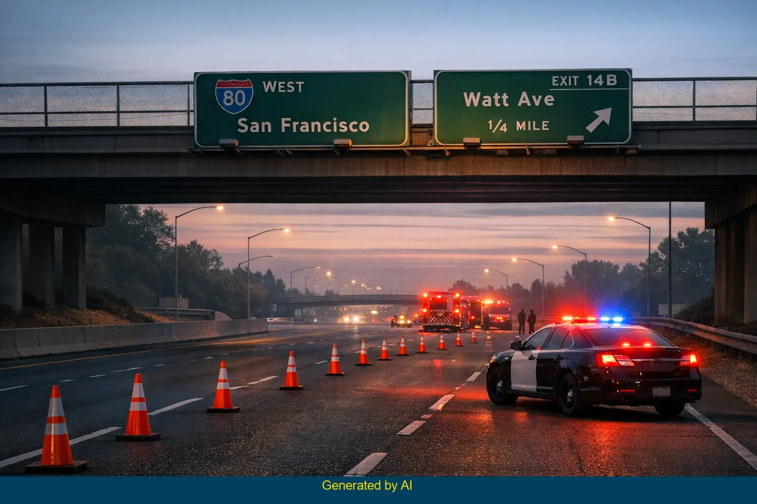 Emergency vehicles and police block a lane on I-80 West near Watt Avenue after a serious crash