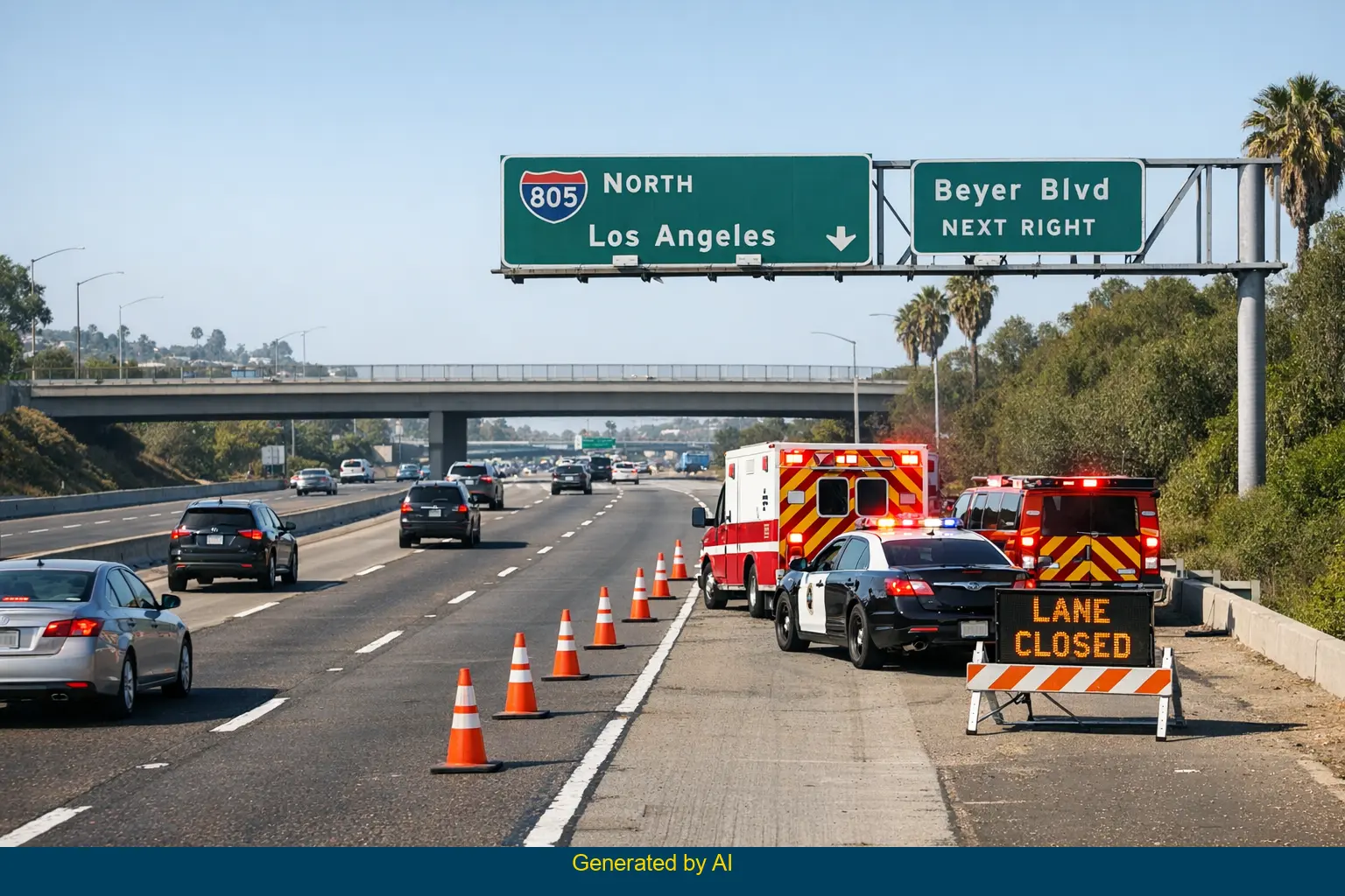 Emergency vehicles and traffic cones on I-805 near Beyer Boulevard after motorcycle and vehicle crash