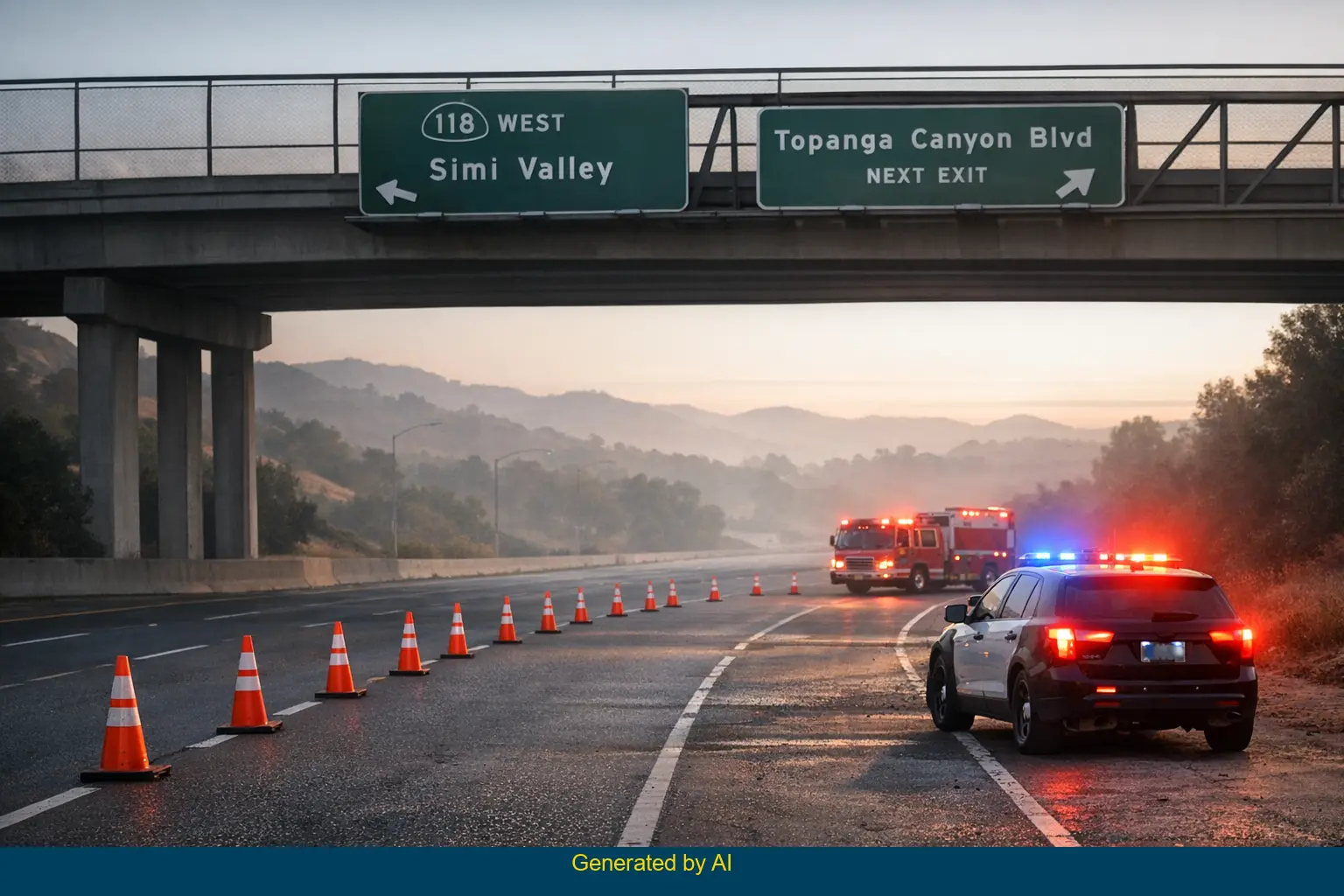 Emergency vehicles and police cruiser respond to early morning crash on SR-118 near Topanga Canyon