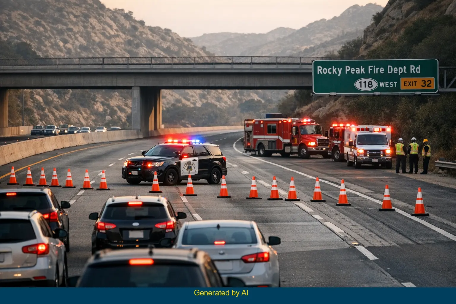 Traffic halted on SR-118 westbound near Rocky Peak Fire Department Road after fatal crash, with emergency vehicles and police SUV present