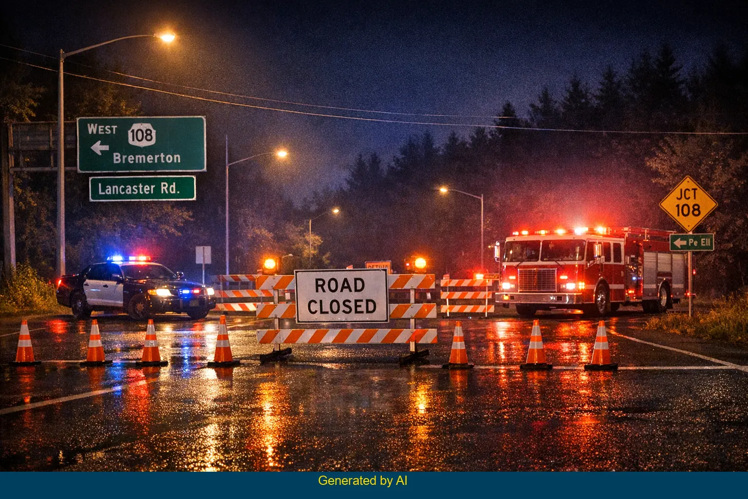 Nighttime emergency response at State Route 108 and Lancaster Road after fatal crash involving pickup and sedan