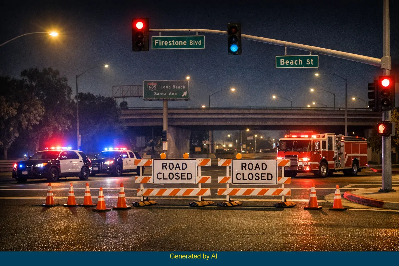 Nighttime emergency response at Firestone Blvd and Beach St intersection after fatal incident