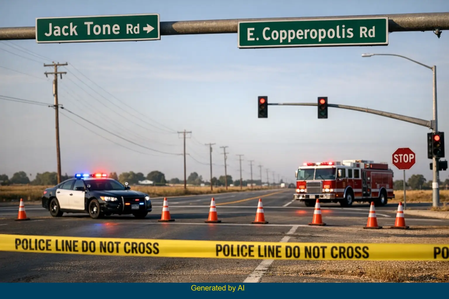 Police and fire vehicles block off Jack Tone Road and East Copperopolis Road after a motorcycle accident